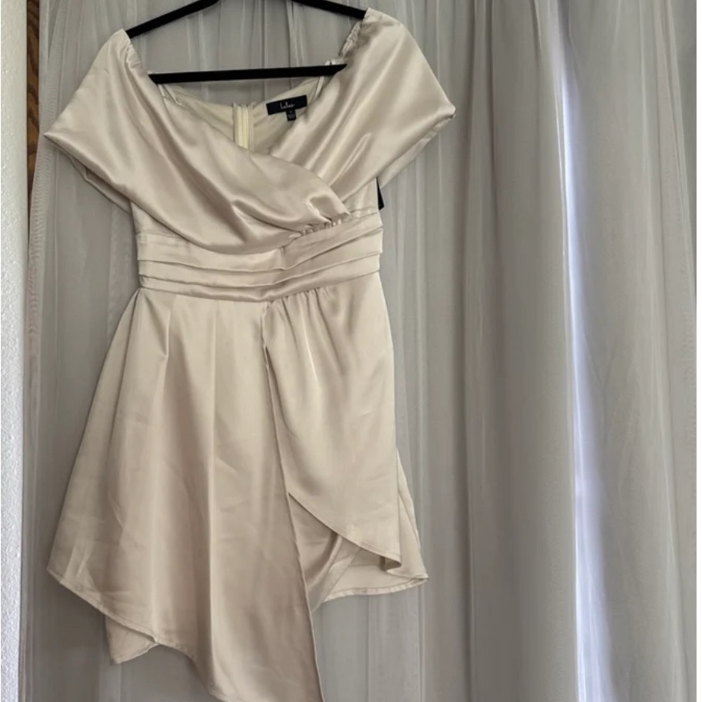 Lulu's Cream Asymmetrical Off-Shoulder Dress
